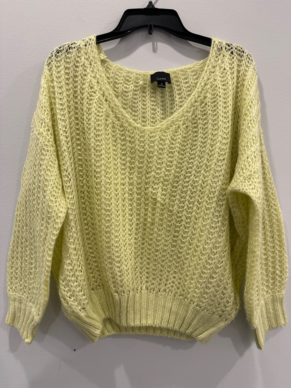 Lumiere Open-Knit V-Neck Sweater in Lemon